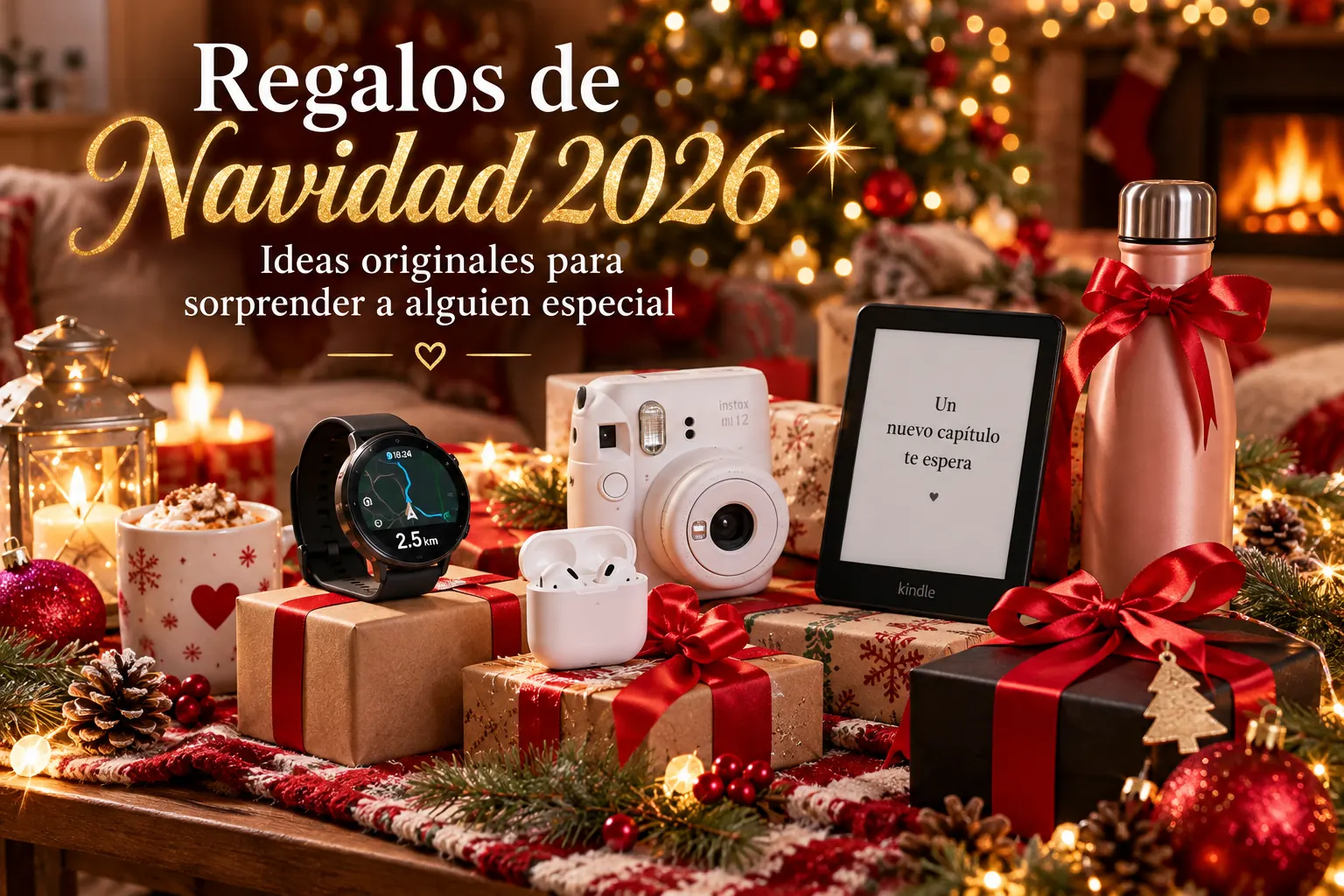 Regalos de Navidad 2026 originales junto al árbol navideño, con reloj inteligente, cámara, auriculares y paquetes de regalo.