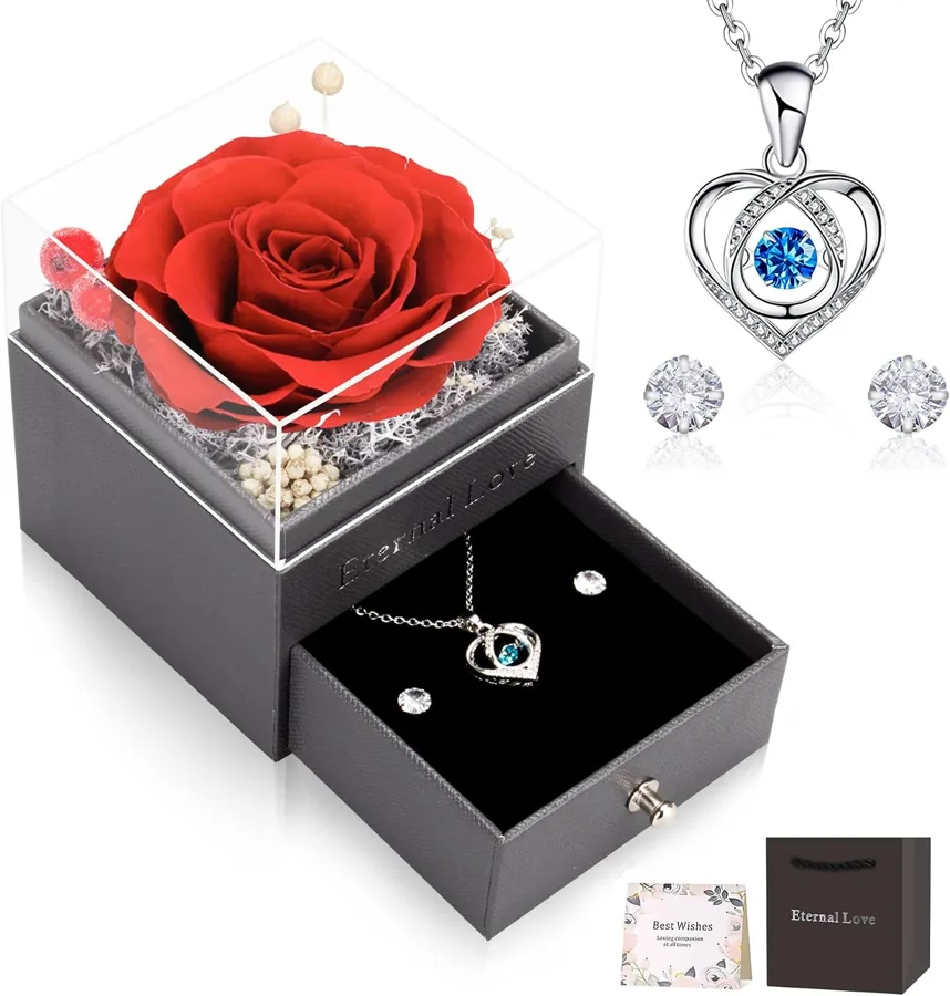 Rosa roja en caja de regalo con collar de corazón y pendientes, detalle especial para Navidad 2026